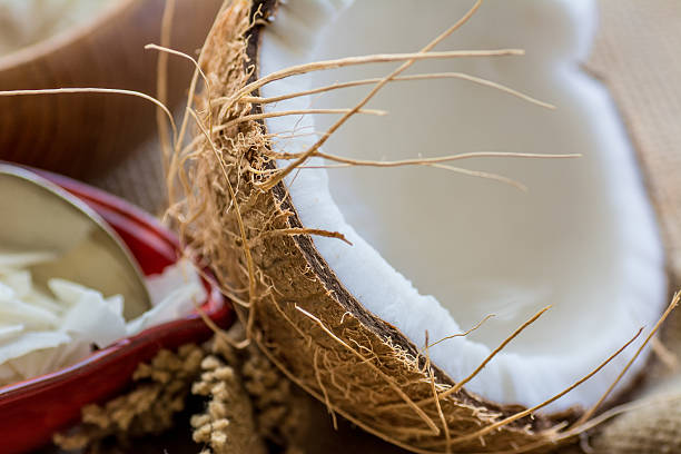 istock Close up of opened coconut and coconut chips 520056020