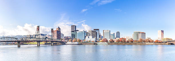 water,skyline and cityscape in portland tranquil water with cityscape and skyline in portland portland oregon photos stock pictures, royalty-free photos & images