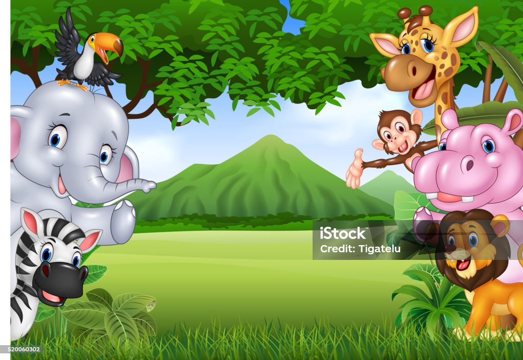 Cartoon Wild Animals With Nature Landscape Background Stock Illustration -  Download Image Now - iStock