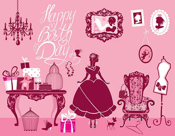 Vector illustration of Princess Room - Happy Birthday. Holiday card for girls.