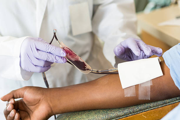 медсестра проверяет сумка крови, пока пациент дает пожертвование - blood blood sample blood donation tube стоковые фото и изображения