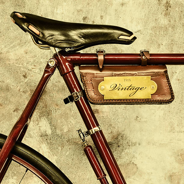 Detail of a vintage bicycle with leather saddle and bag