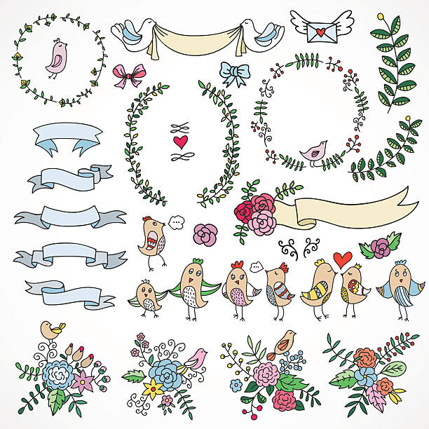 ładny ręcznie rysowane elementy projektu: kwiaty, wreaths, banery, wstążki - child craft flower single flower stock illustrations