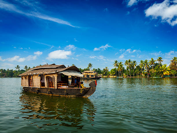 Houseboat on Kerala backwaters, India Travel tourism Kerala background - houseboat on Kerala backwaters. Kerala, India kerala photos stock pictures, royalty-free photos & images