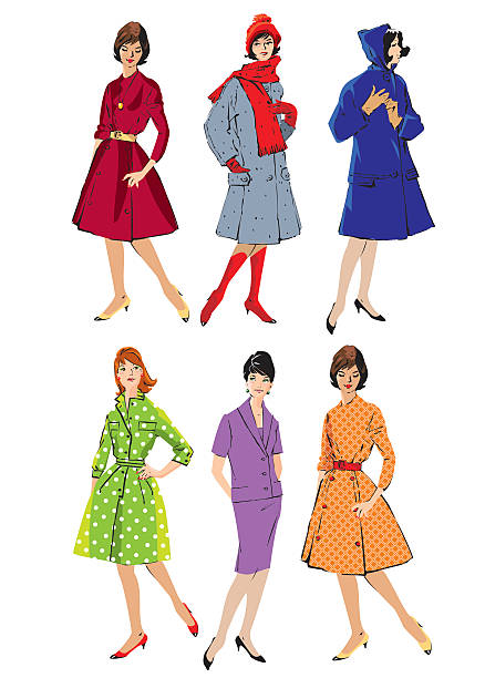 Set of elegant women - retro style fashion models Set of elegant women - retro style fashion models - spring or fall seasons. Color image. 1940s style stock illustrations