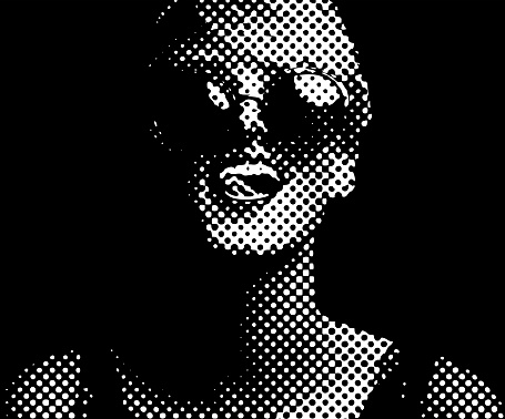 Halftone Dot Pattern Portrait of a Vibrant, happy woman. Isolated on black.