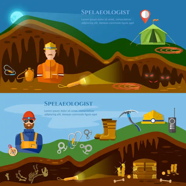 Vector illustration of Speleology banners caves study underground mines