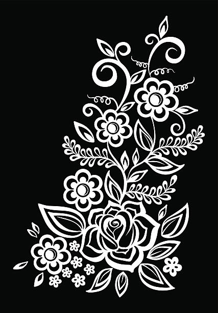 아름다운 흑백 흑백 꽃 및 잎 격리됨에. - lace textile black asian ethnicity stock illustrations