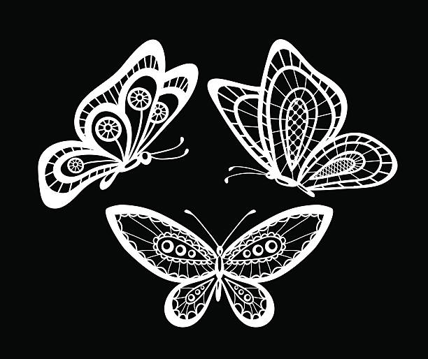 세트 아름다운 흑백 기퓌르 레이스 레이스 나비 격리됨에. - butterfly single flower vector illustration and painting stock illustrations