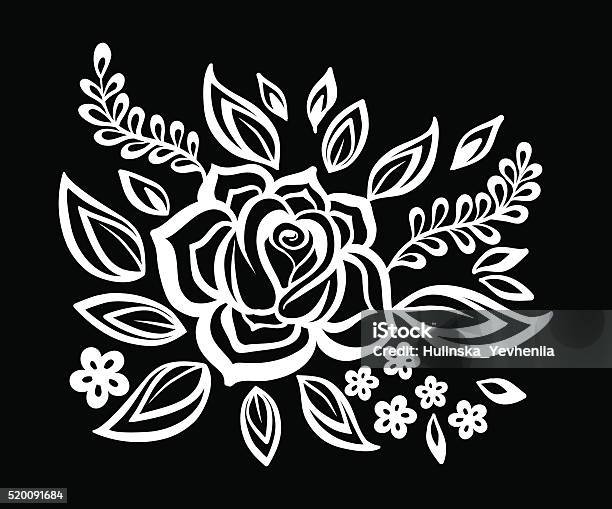 Beautiful Monochrome Black And White Flowers And Leaves Isolated Stock Illustration - Download Image Now