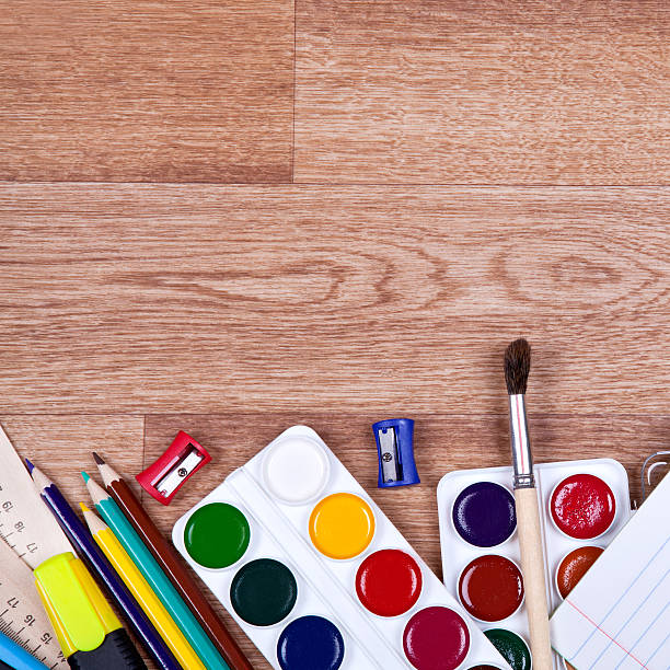 istock Subjects for creativity and drawing on the wooden background 520092642