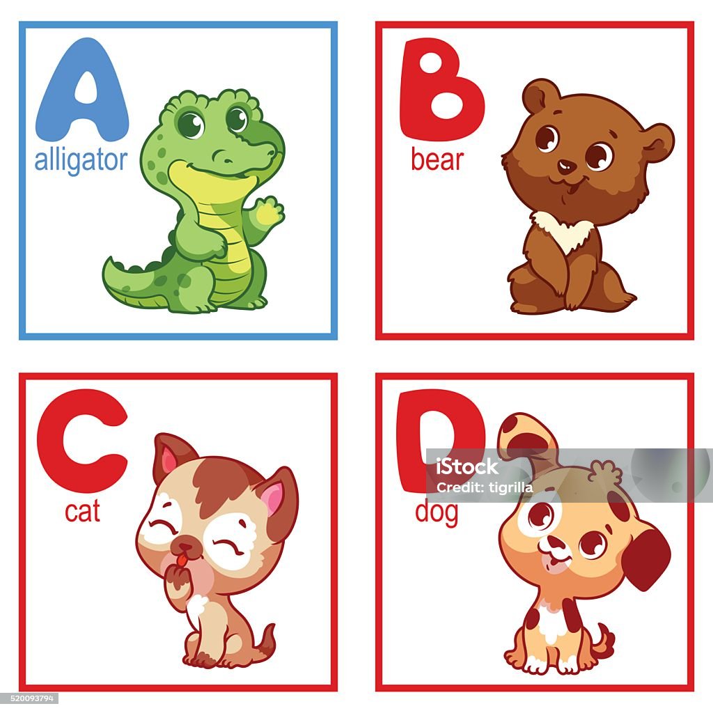 An alphabet with cute animals An alphabet with cute animals, letters A to D. Funny cartoon animals. Cartoon vector alphabet isolated on a white background. Alligator stock vector