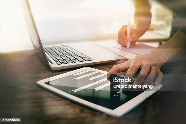 Use The Computer Work In The Office Stock Photo - Download Image Now - Inspiration, Data, Report - Document