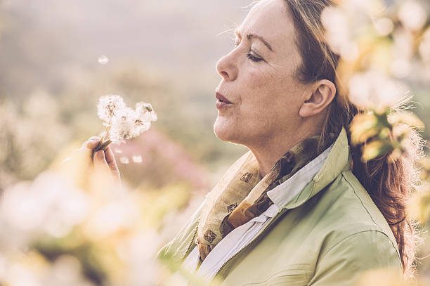 Mature woman with dandelion stock photo