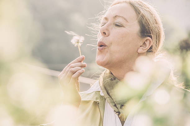 Mature woman blowing dandelion flower stock photo