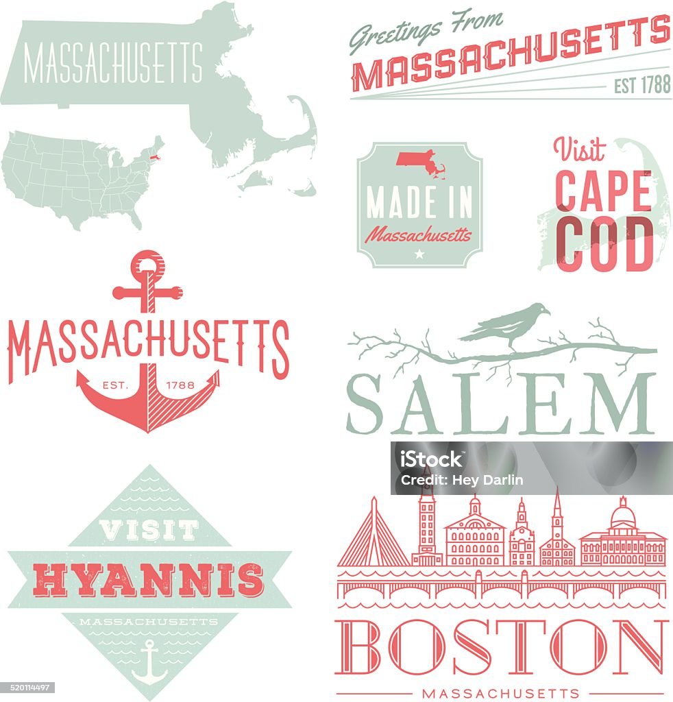 Massachusetts Typography A set of vintage-style icons and typography representing the state of Massachusetts, including Boston, Salem, Hyannis and Cape Cod. Each items is on a separate layer. Includes a layered Photoshop document. Ideal for both print and web elements. Boston - Massachusetts stock vector