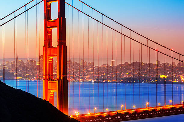 istock San Francisco Golden Gate Bridge sunrise through cables 520117701