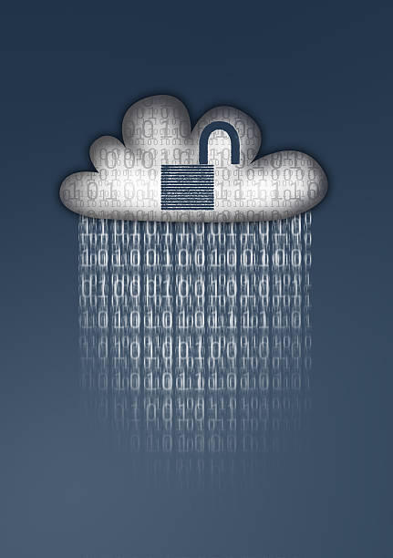 Cloud in Blue Sky with Unlocked Padlock Raining Binary Data stock photo