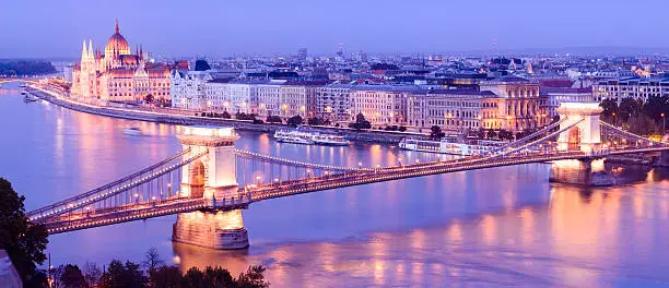 Panoramic view of the Chain Bridge and Parliament building in Budapest, Hungary at twilight.