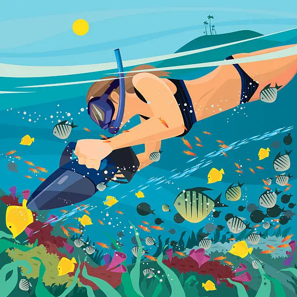 Vector illustration of Girl exploring the underwater world