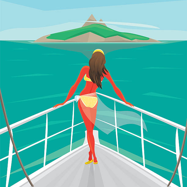 illustrazioni stock, clip art, cartoni animati e icone di tendenza di ragazza in piedi su uno yacht e ammirare l'isola - nautical vessel women human hair yacht