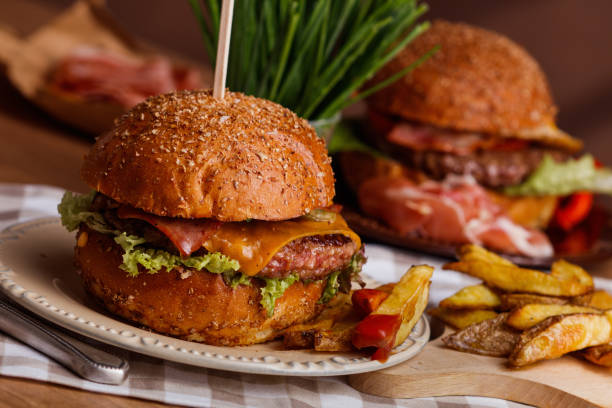 dinner with burger stock photo