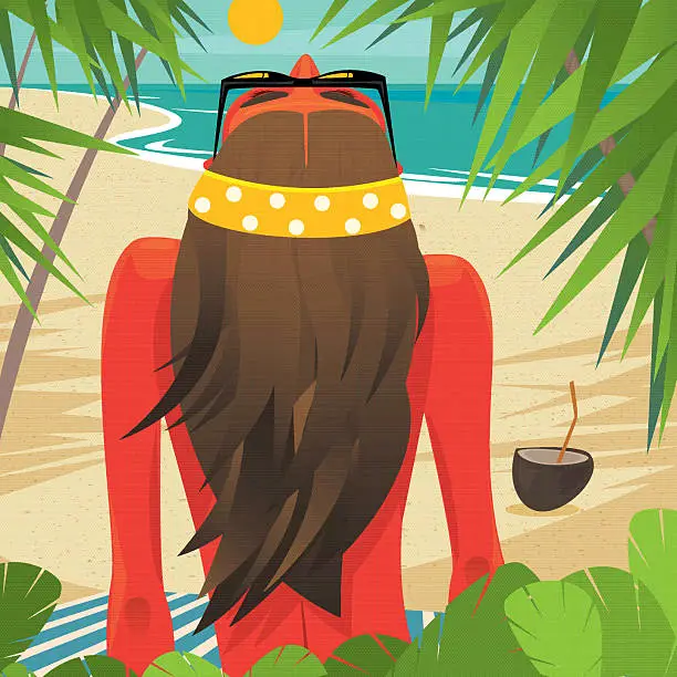 Vector illustration of Girl sunbathes on the beach