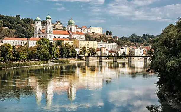 Passau city with Saint Stephen's cathedral, Lower Bavaria, Germany. Travel destination. Cultural heritage.