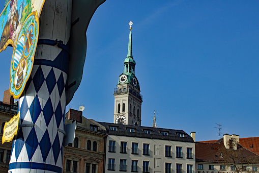 Bavaria; Munich; Viktualienmarkt; Alter Peter; Maypole; Landmark; Old Town; Inner City