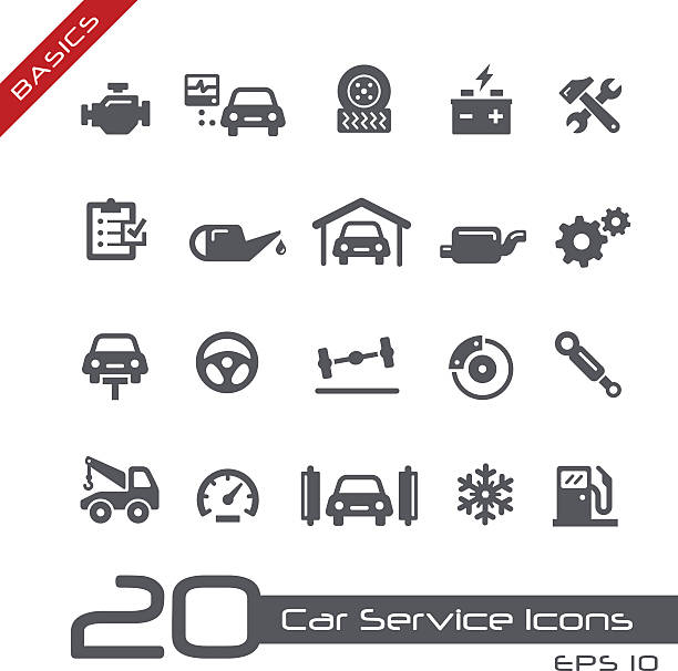 illustrazioni stock, clip art, cartoni animati e icone di tendenza di servizio auto-icone di base - auto repair shop garage car mechanic