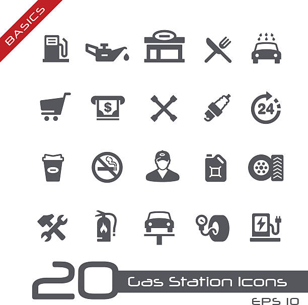 stacja benzynowa ikony-podstawy - auto repair shop stock illustrations