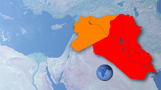 Syria (orange) and Iraq(red) 16:9 title space on the left side.  