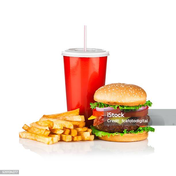 Take Out Food Classic Cheeseburger Meal Isolated On White Stock Photo - Download Image Now