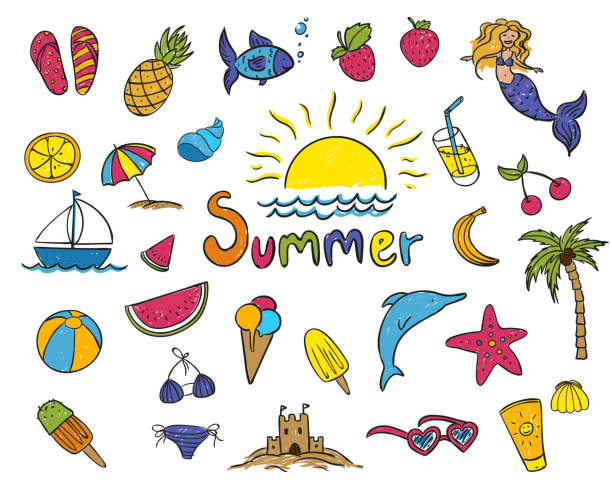 Vector Summer Children's Drawings Vector Illustration of Summer Children's Drawings mermaid retro revival beach old fashioned stock illustrations