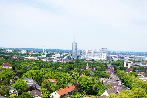 Office buildings and skyline of Essen in spring. Non editorial aerial cityscape shot.