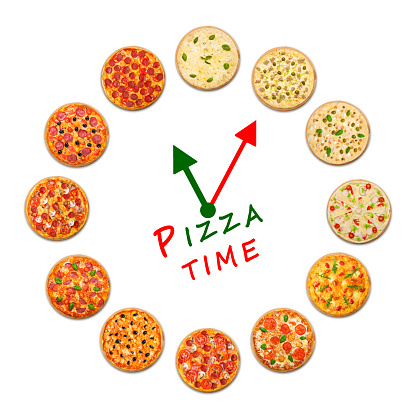 Pizza delivery company logo template with sample text. Clock made by many pizzas. Pizza time concept, example for pizza box. Italian food watch with clock hads in italian colors. Variety of pizza. 