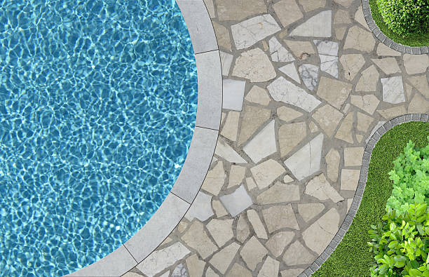 swimming pool and garden from above swimming pool and garden detail in top view cobblestone photos stock pictures, royalty-free photos & images