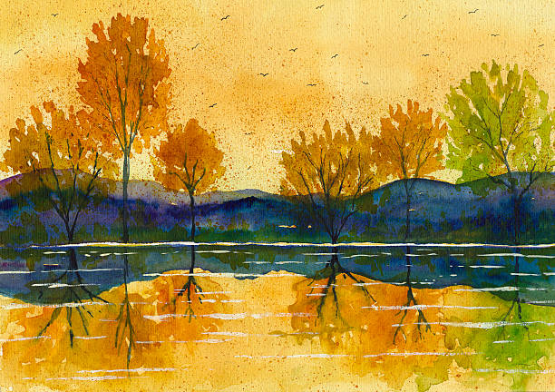 illustrations, cliparts, dessins animés et icônes de automne paysage peinture aquarelle - paintings watercolor painting landscape autumn