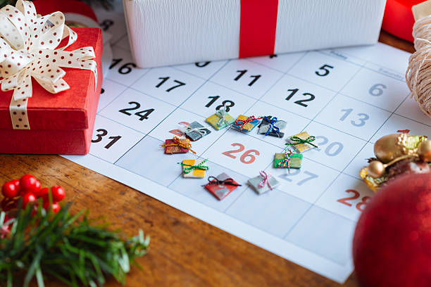 Boxing Day Decorations and calendar with Boxing Day marked out 2014 photos stock pictures, royalty-free photos & images