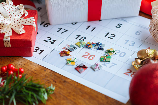 Boxing Day Decorations and calendar with Boxing Day marked out 2014 stock pictures, royalty-free photos & images
