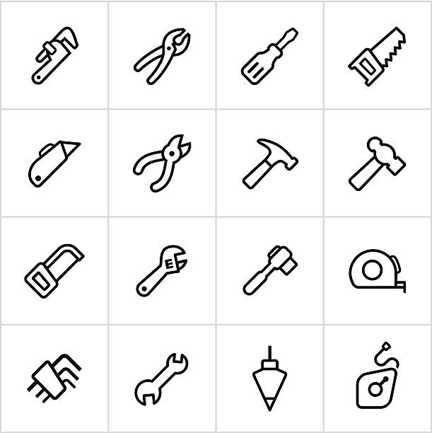 Black Tool Icons - Line Style Icons of common work tools. All white strokes/shapes are cut from the icons and merged allowing the background to show through. hex wrench stock illustrations