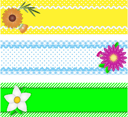 Jpg.  Three borders with copy space, flowers, stripes, gingham and dots in green, blue, yellow, white while containing quilting stitches, ric rac.