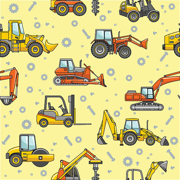 ilustrações de stock, clip art, desenhos animados e ícones de máquinas de construção pesada sem costura padrão - wheel tractor scraper