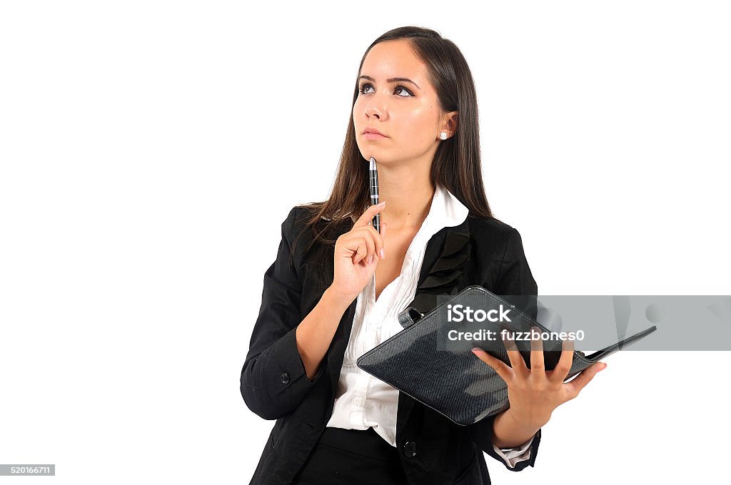 Isolated business woman Isolated young business woman thinking Adult Stock Photo