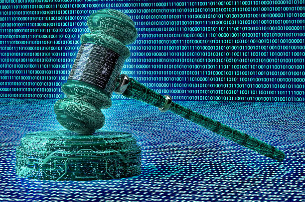 rechtliche computer richter konzept cyber richterhammer, 3d-illustration - data governance stock-fotos und bilder