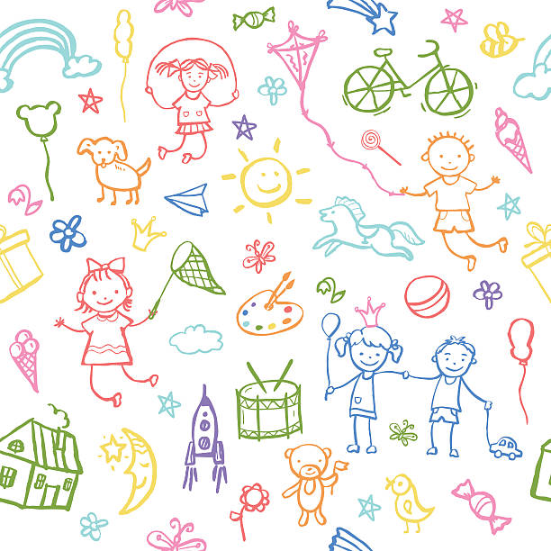ilustraciones, imágenes clip art, dibujos animados e iconos de stock de pintado a mano en estilo doodle patrón continuo. - child drawing