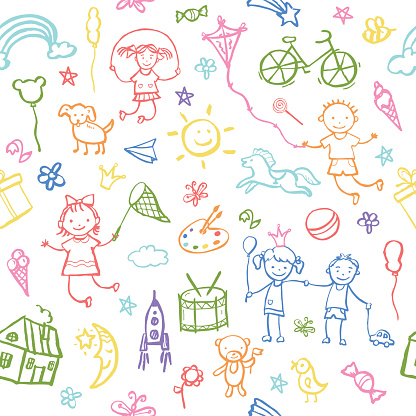 Painted by hand in doodle style seamless pattern on the theme of childhood. Vector illustration for children design.