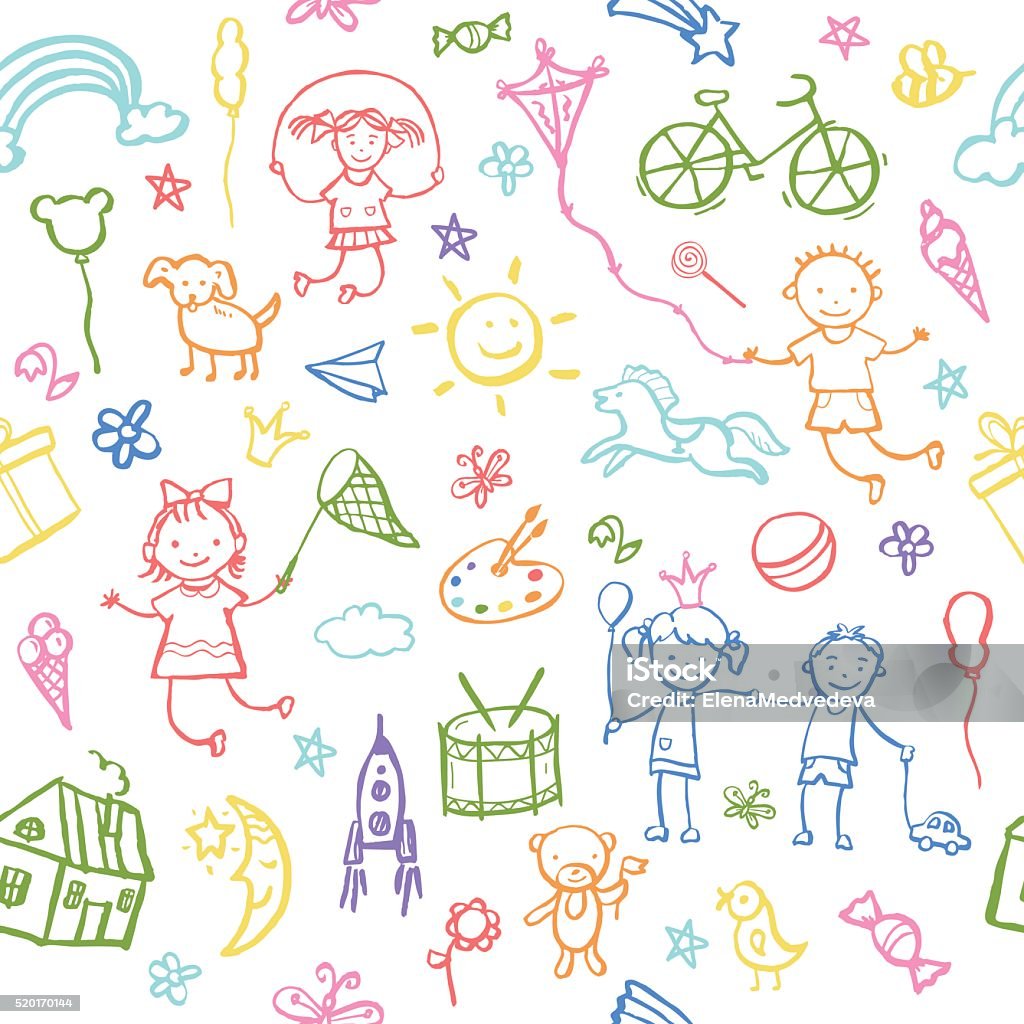Painted by hand in doodle style seamless pattern. Painted by hand in doodle style seamless pattern on the theme of childhood. Vector illustration for children design. Child stock vector
