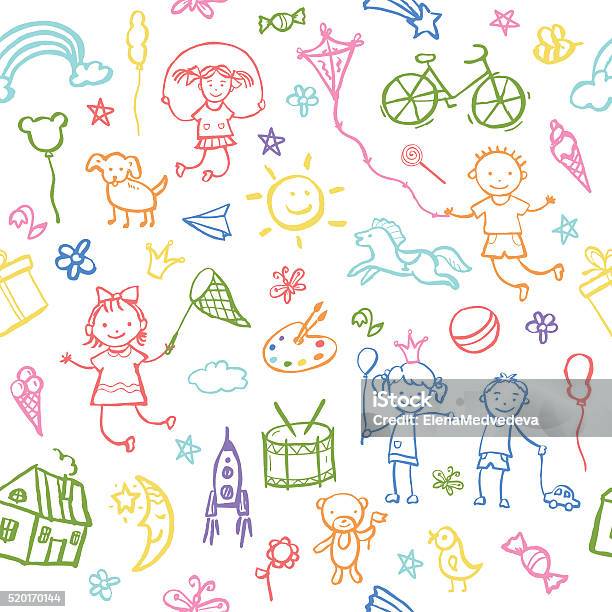 Painted By Hand In Doodle Style Seamless Pattern Stock Illustration - Download Image Now - Child, Backgrounds, Drawing - Art Product