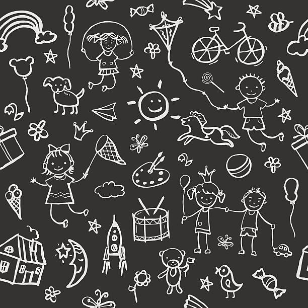 Hand-drawn sketch in the style seamless pattern. Hand-drawn sketch in the style seamless pattern on the theme of childhood. Vector illustration for children design. preschool building stock illustrations